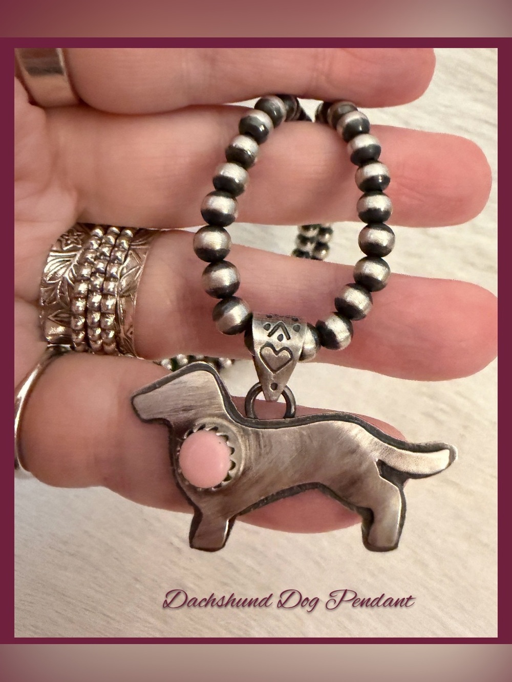 ❤️ Queen Pink Conch Sterling Hand Stamped Dachshund Weiner Dog Statement Pendant